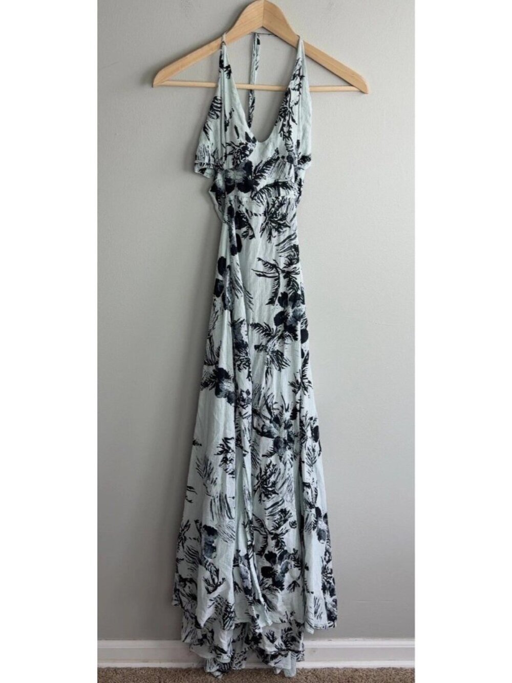 Free People Halter Maxi Dress Blue Black Palm Tropical Print Cotton Size Small